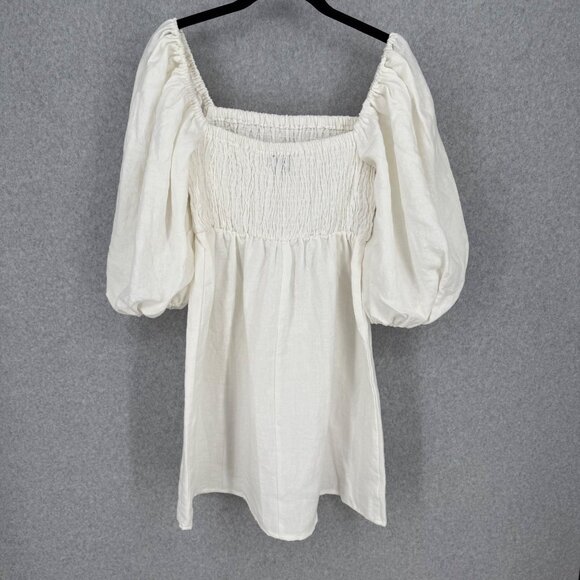 Tuckernuck Annie Linen Smocked Mini Dress Size S White Puff Sleeve Neutral Chic - Picture 3 of 11